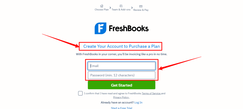 FreshBooks Signup page